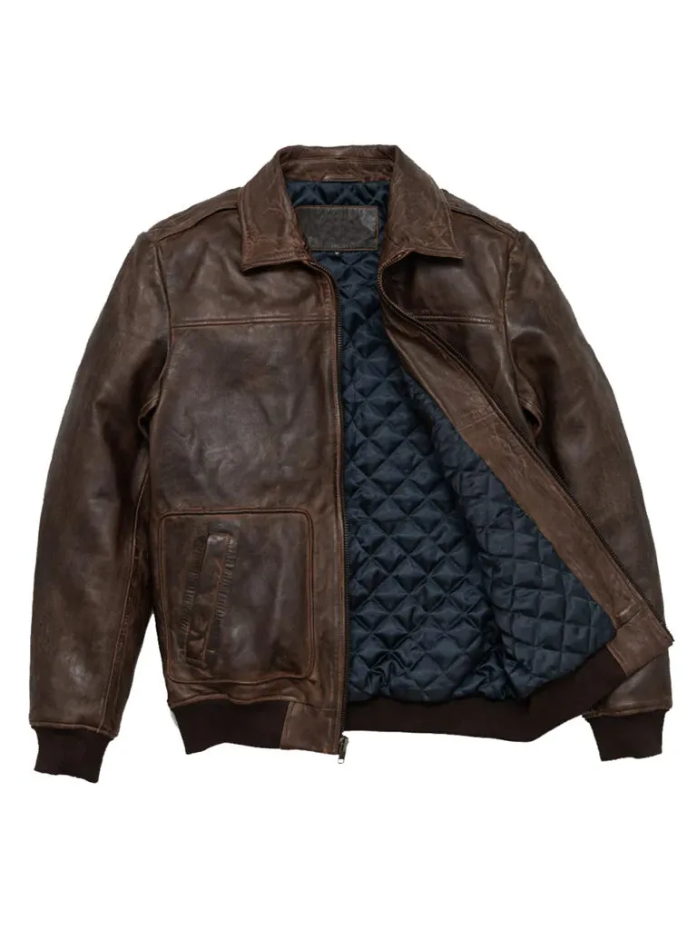 Dark Brown Shirt Style Bomber Leather Jacket