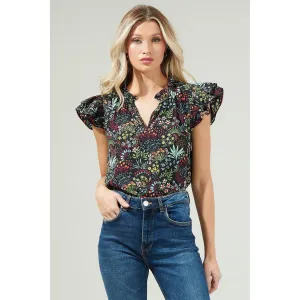 Dominique Floral Flutter Sleeve Split Neck Top