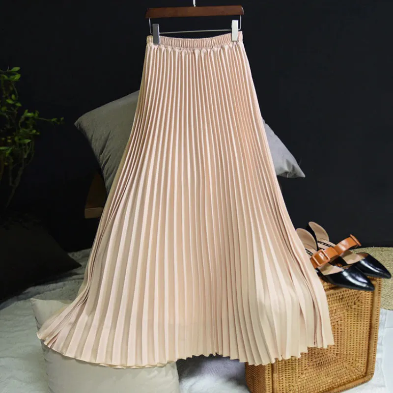 Flowy Solid Pleated Elastic High-Waist Vintage Maxi Skirts