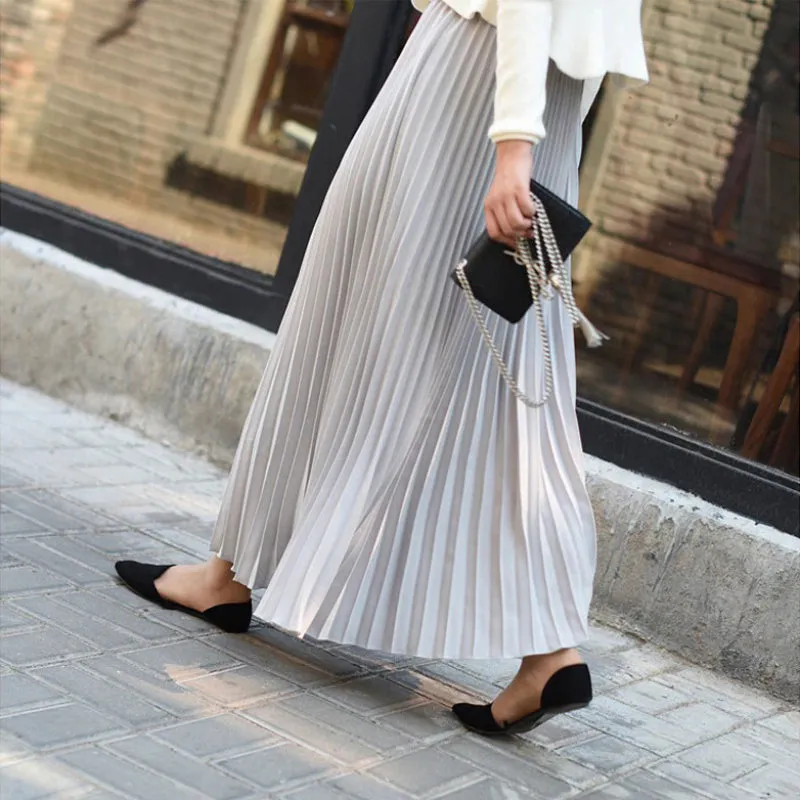 Flowy Solid Pleated Elastic High-Waist Vintage Maxi Skirts