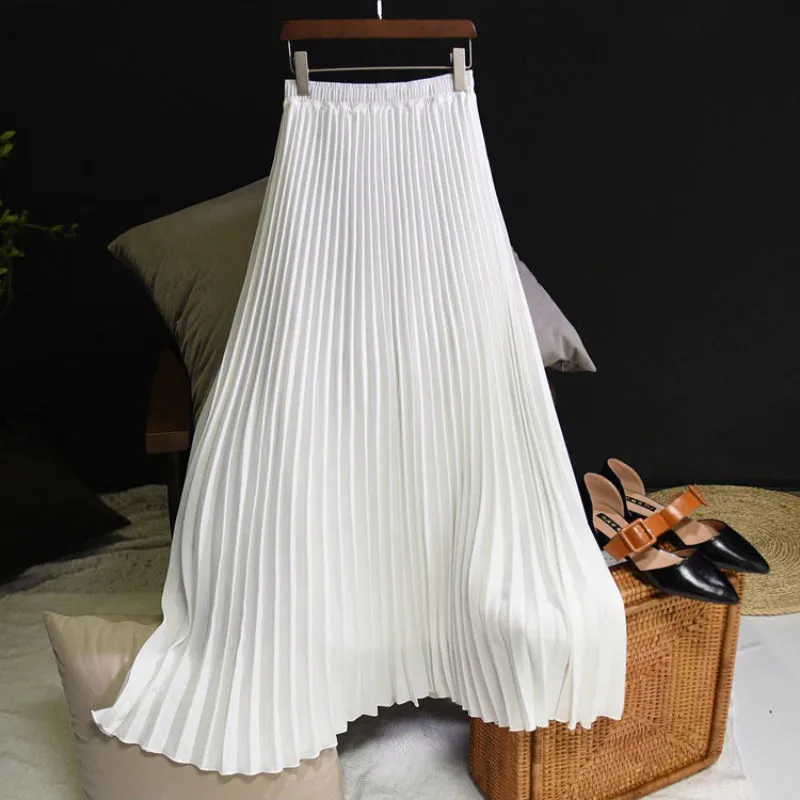 Flowy Solid Pleated Elastic High-Waist Vintage Maxi Skirts