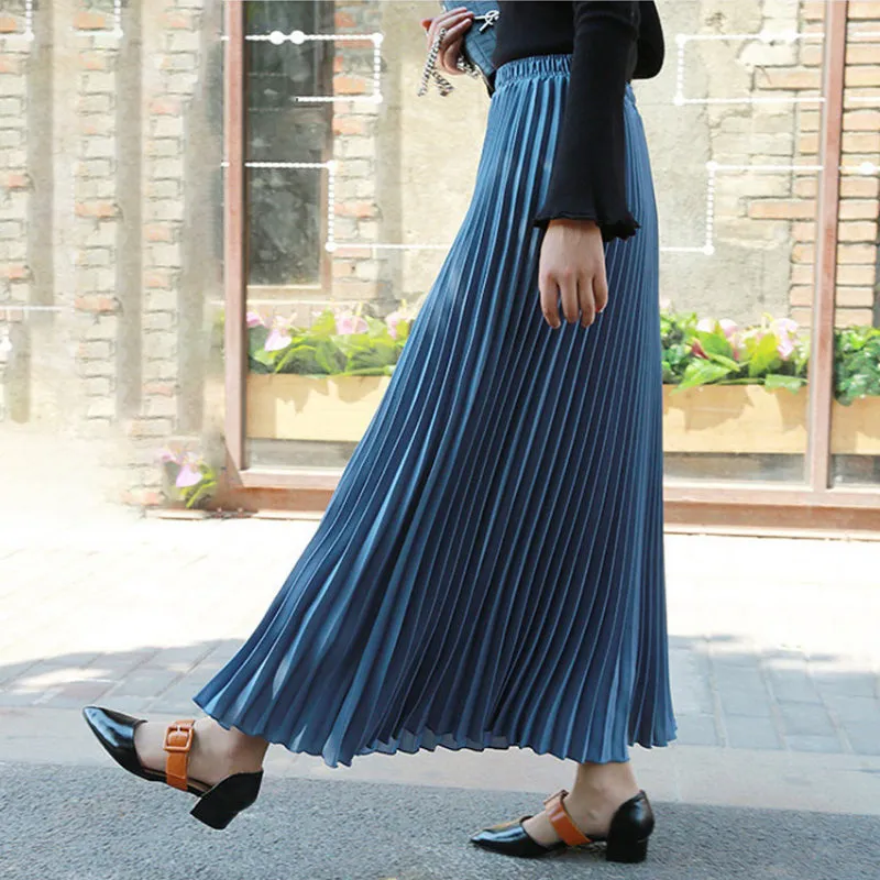 Flowy Solid Pleated Elastic High-Waist Vintage Maxi Skirts