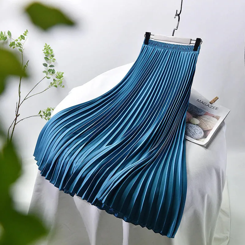 Flowy Solid Pleated Elastic High-Waist Vintage Maxi Skirts