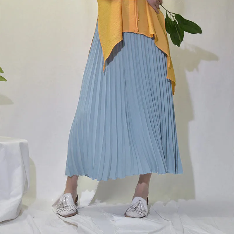 Flowy Solid Pleated Elastic High-Waist Vintage Maxi Skirts