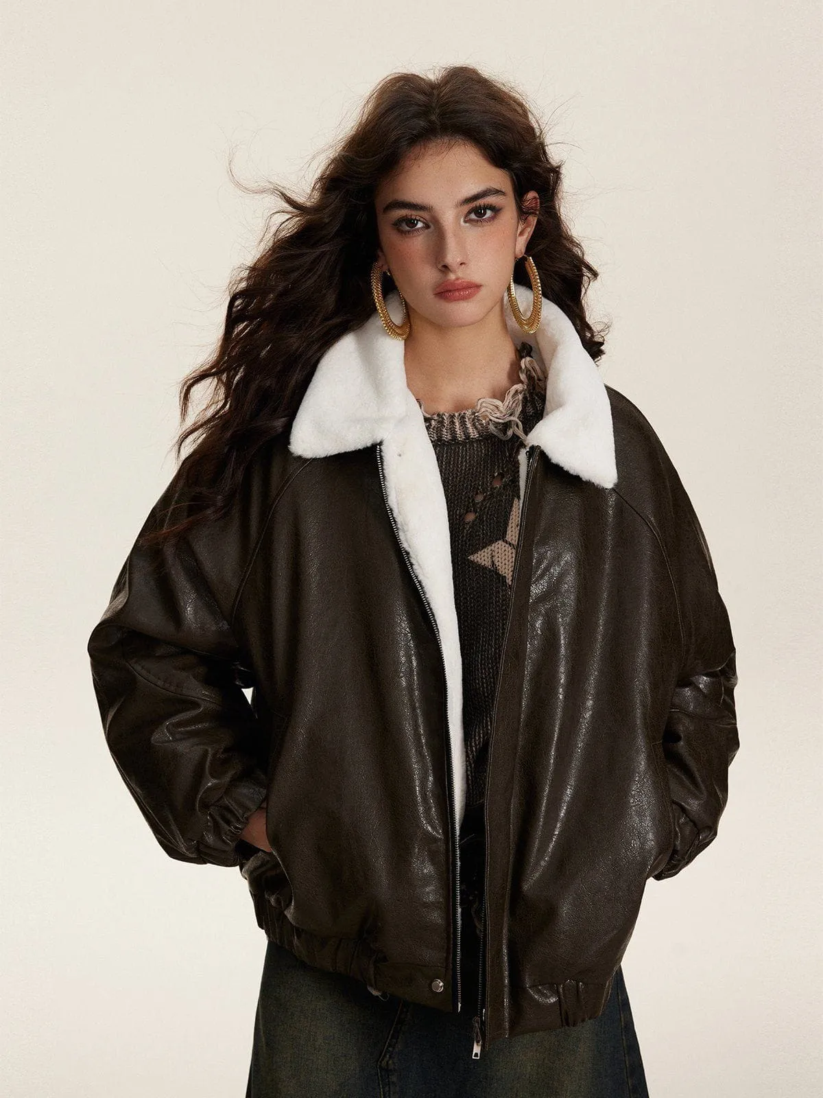 Fur Collar Faux Leather Bomber Jacket