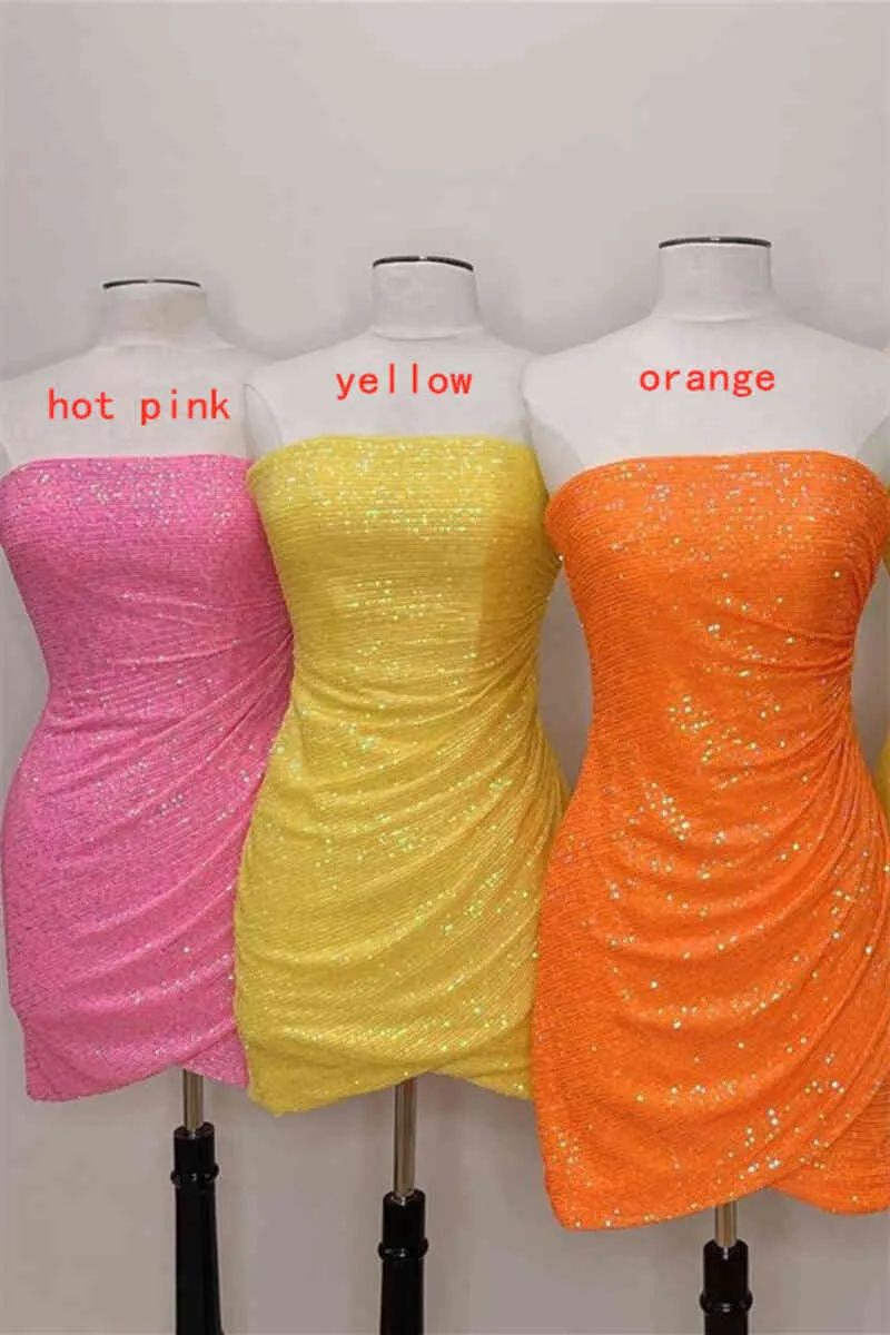 Glitter Orange Homecoming Dress, Strapless Sequined Mini Homecoming Dress