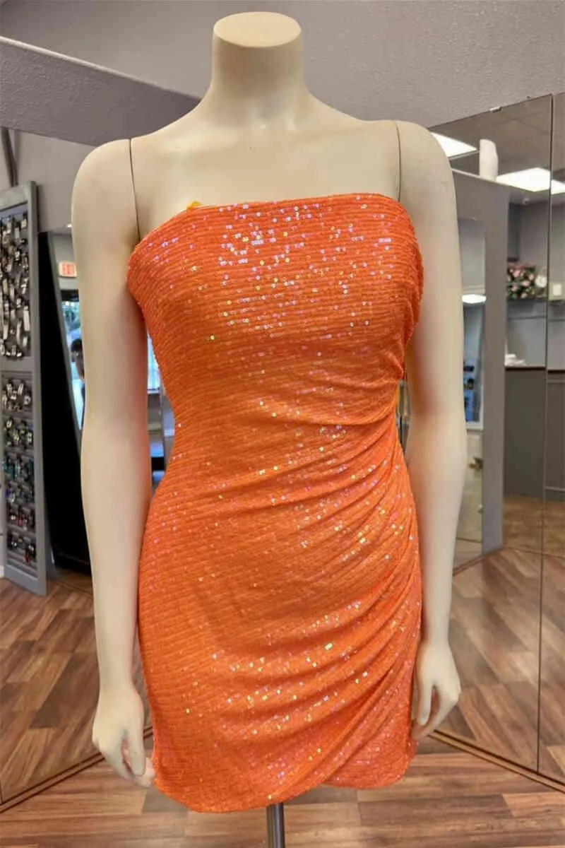 Glitter Orange Homecoming Dress, Strapless Sequined Mini Homecoming Dress