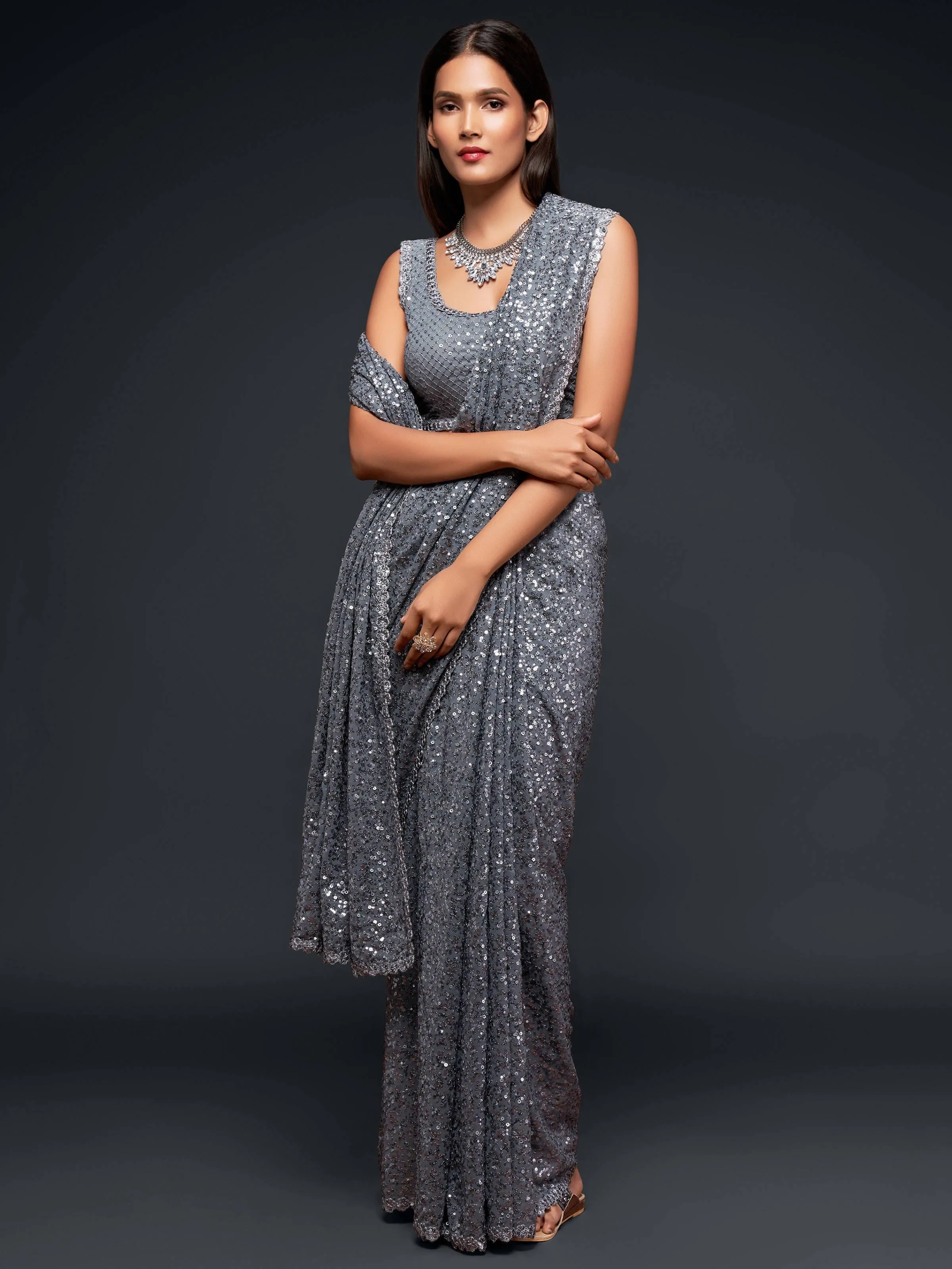 Grey Georgette Sequined Saree