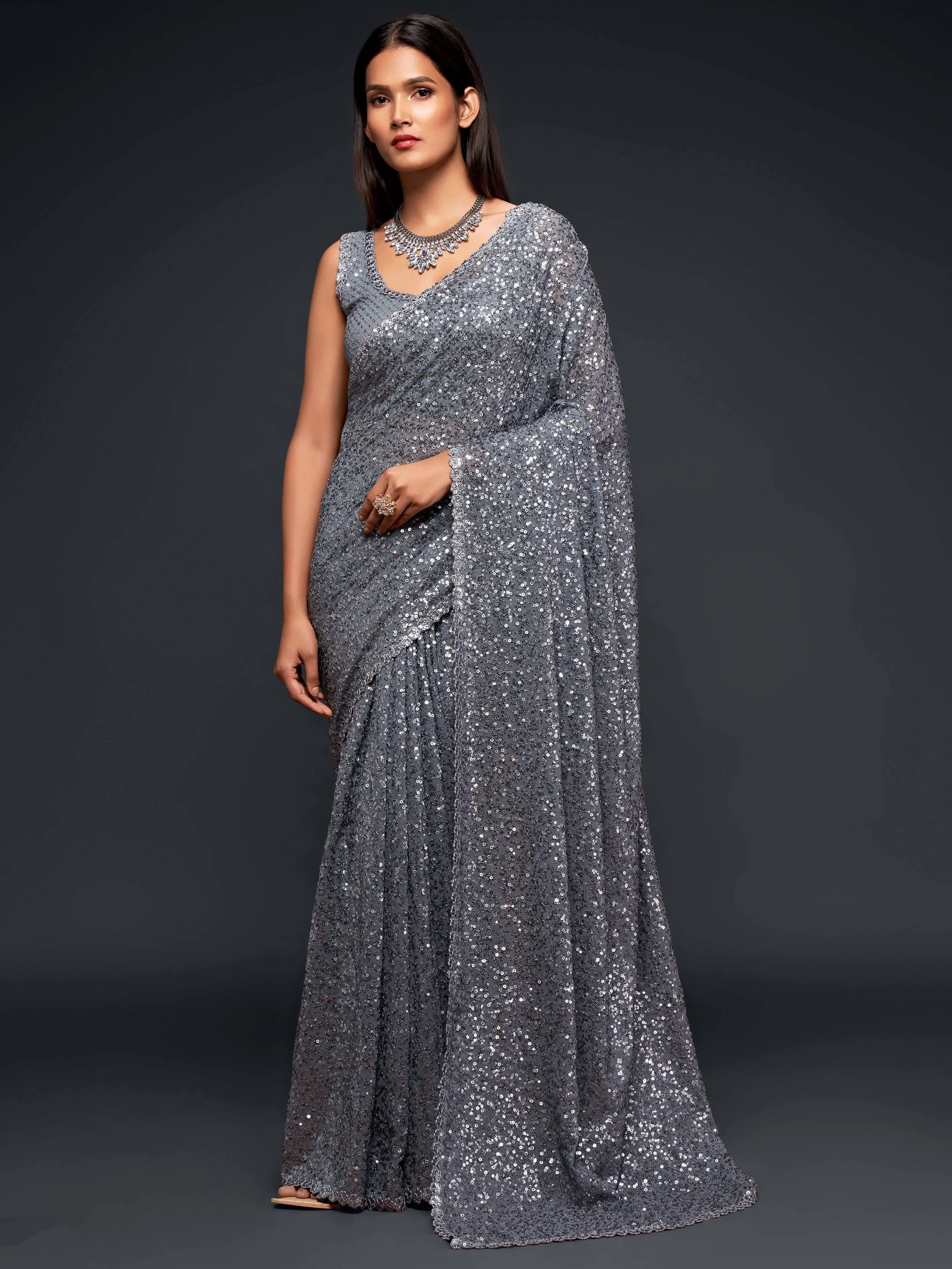 Grey Georgette Sequined Saree