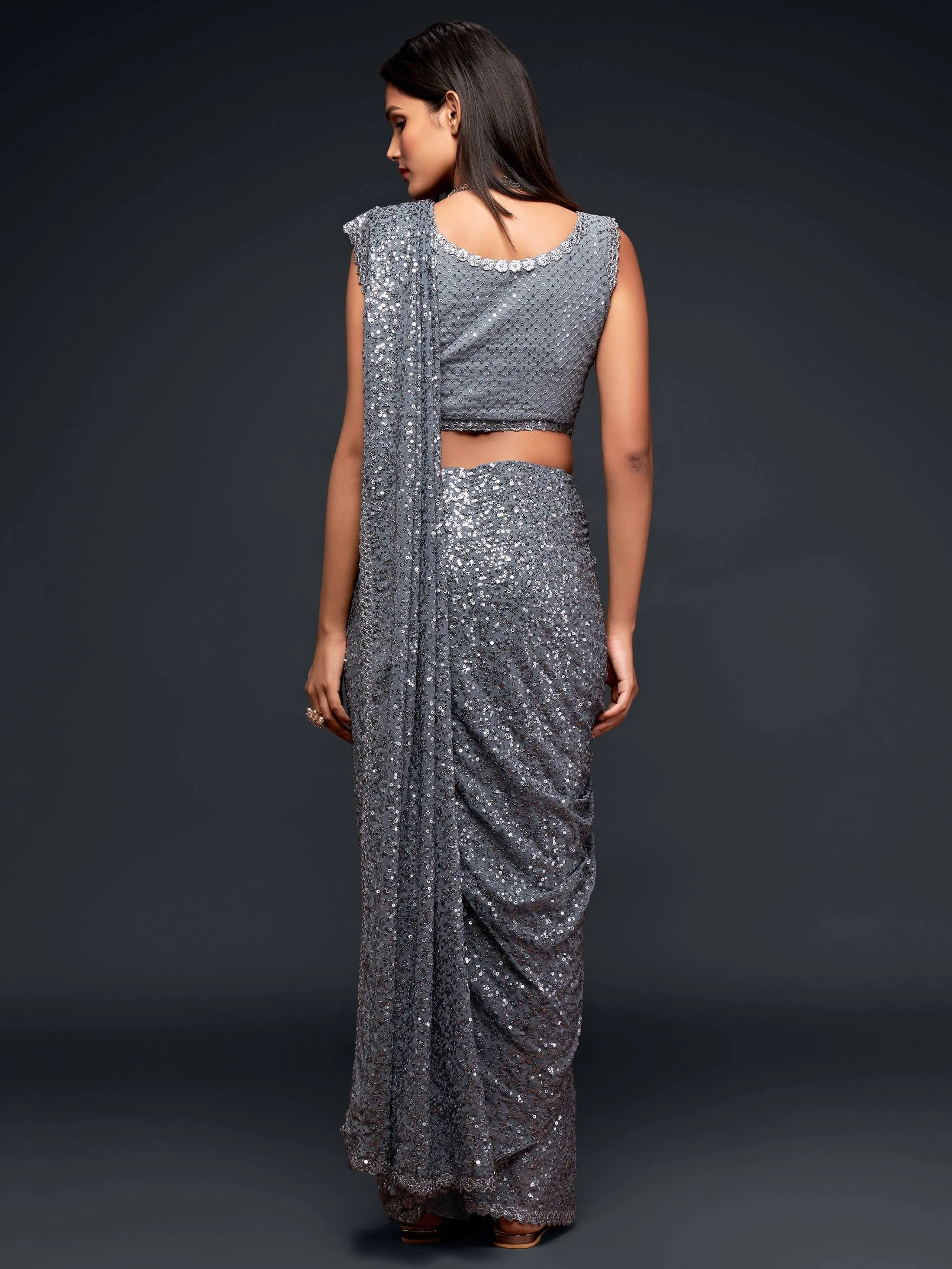 Grey Georgette Sequined Saree