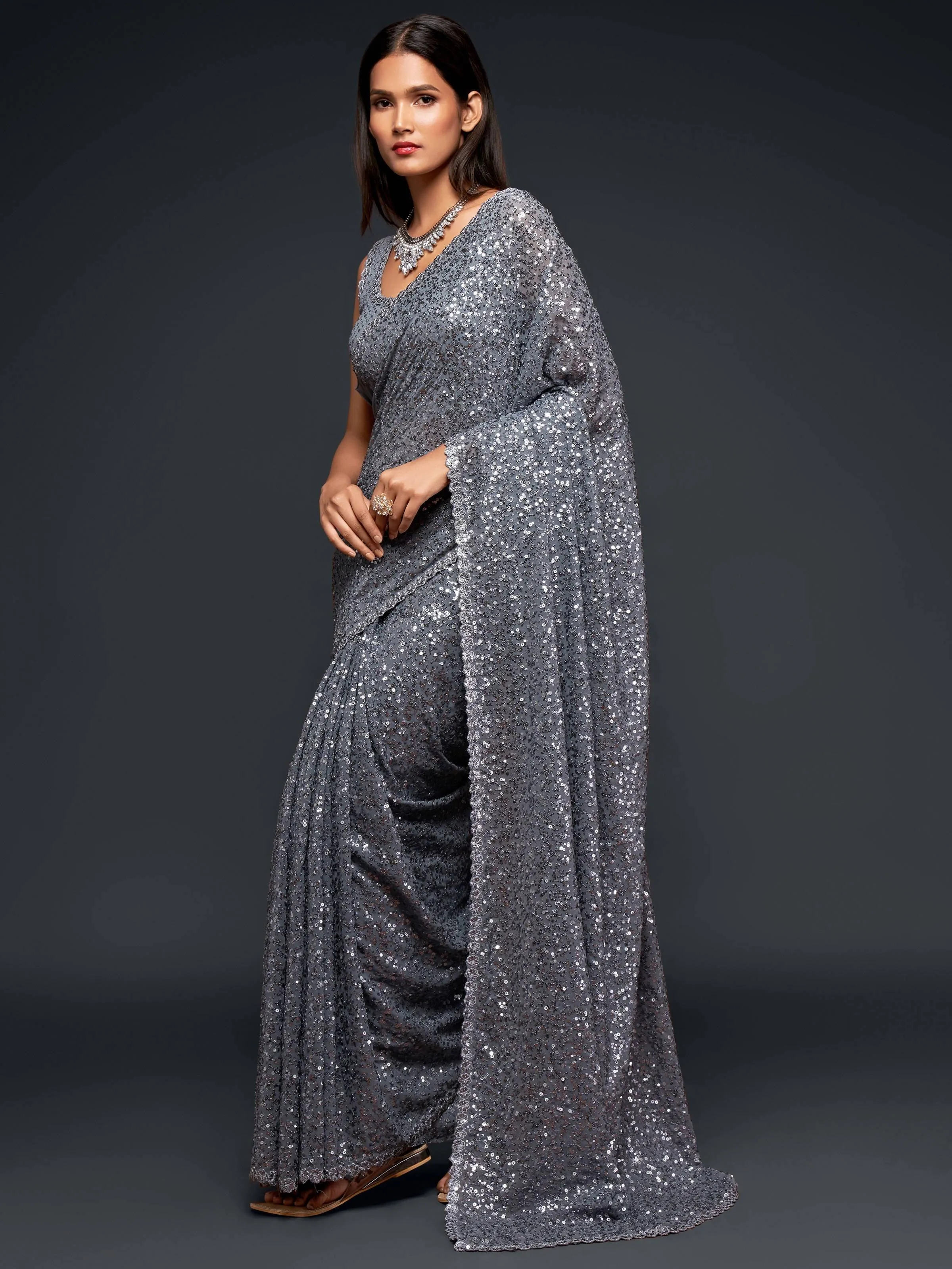 Grey Georgette Sequined Saree