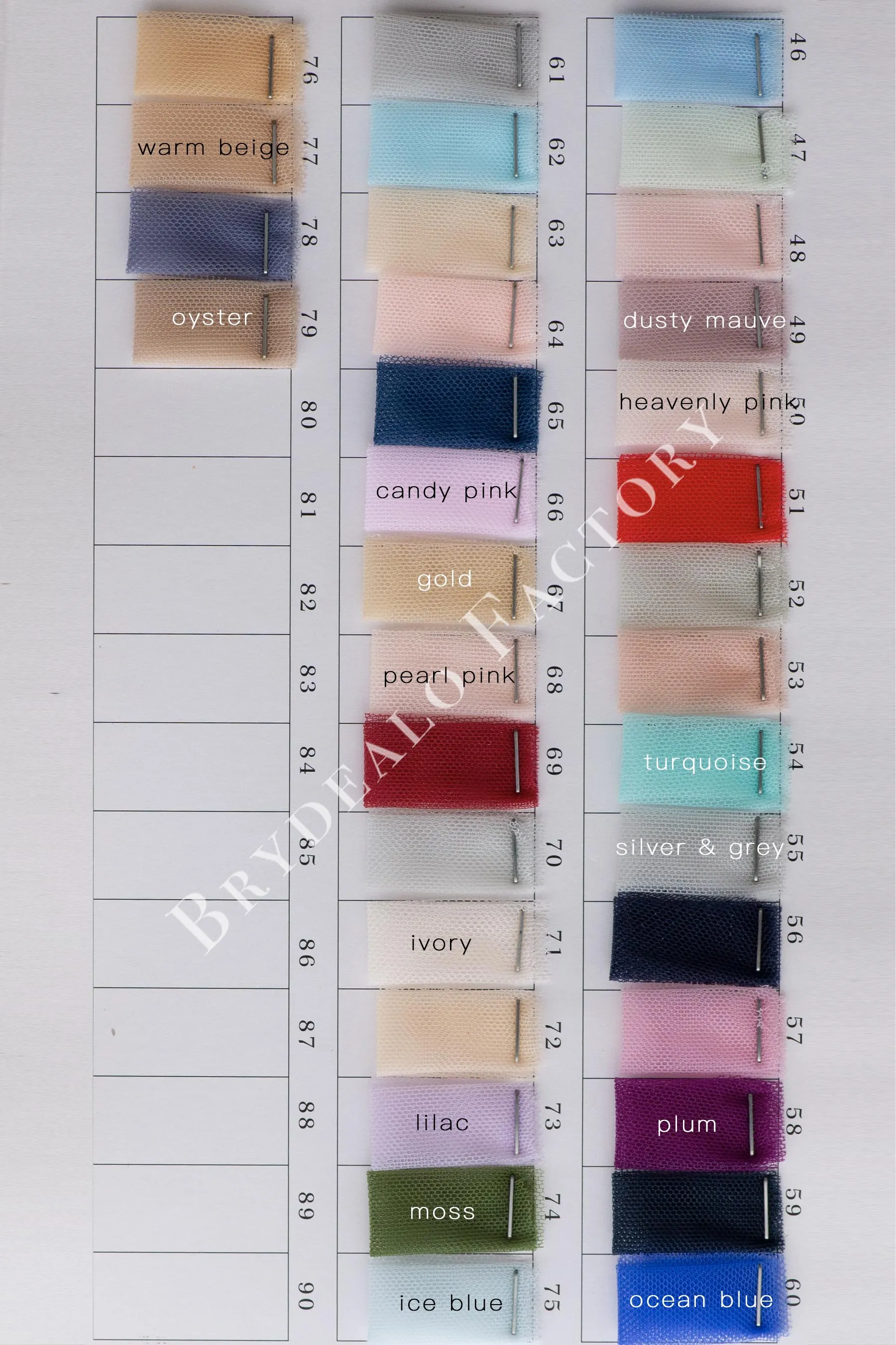 High Quality Bridal Tulle Fabric Color Chart | 70  Colors