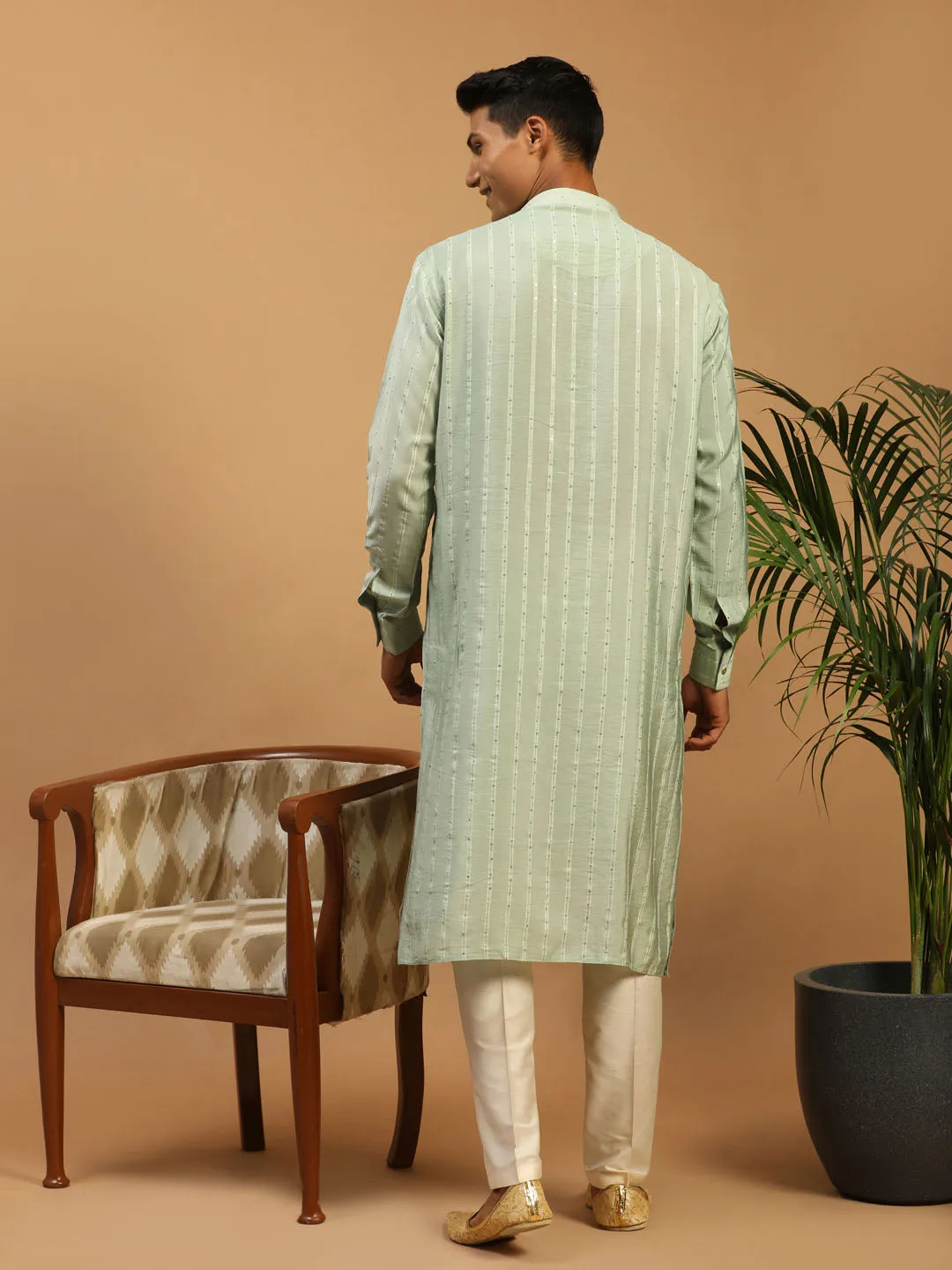 Jashvi Men's Green Sequined Kurta Pant And  Dupatta Set