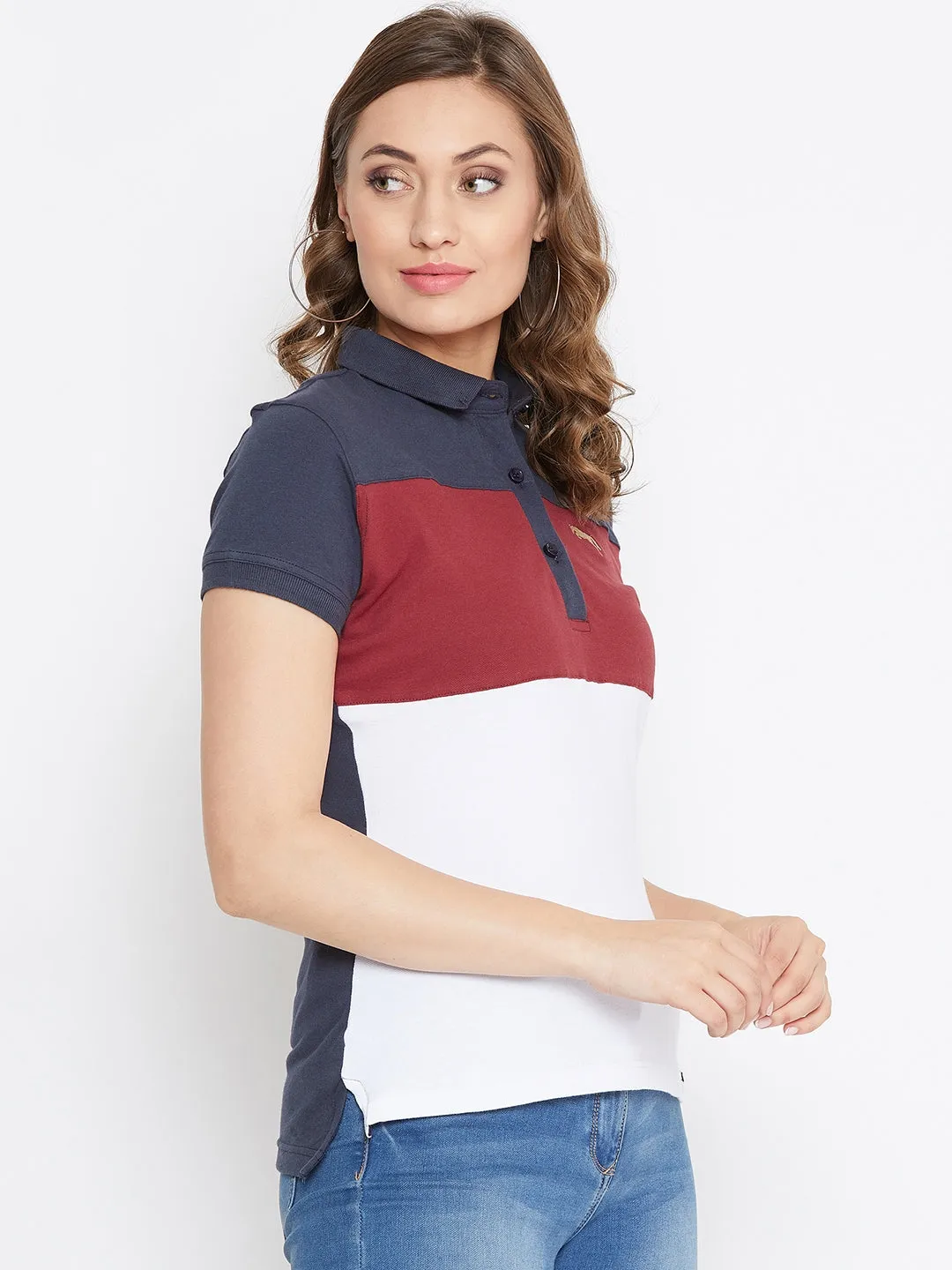 JUMP USA Women Navy Blue And Red Colour blocked PoloT-Shirts