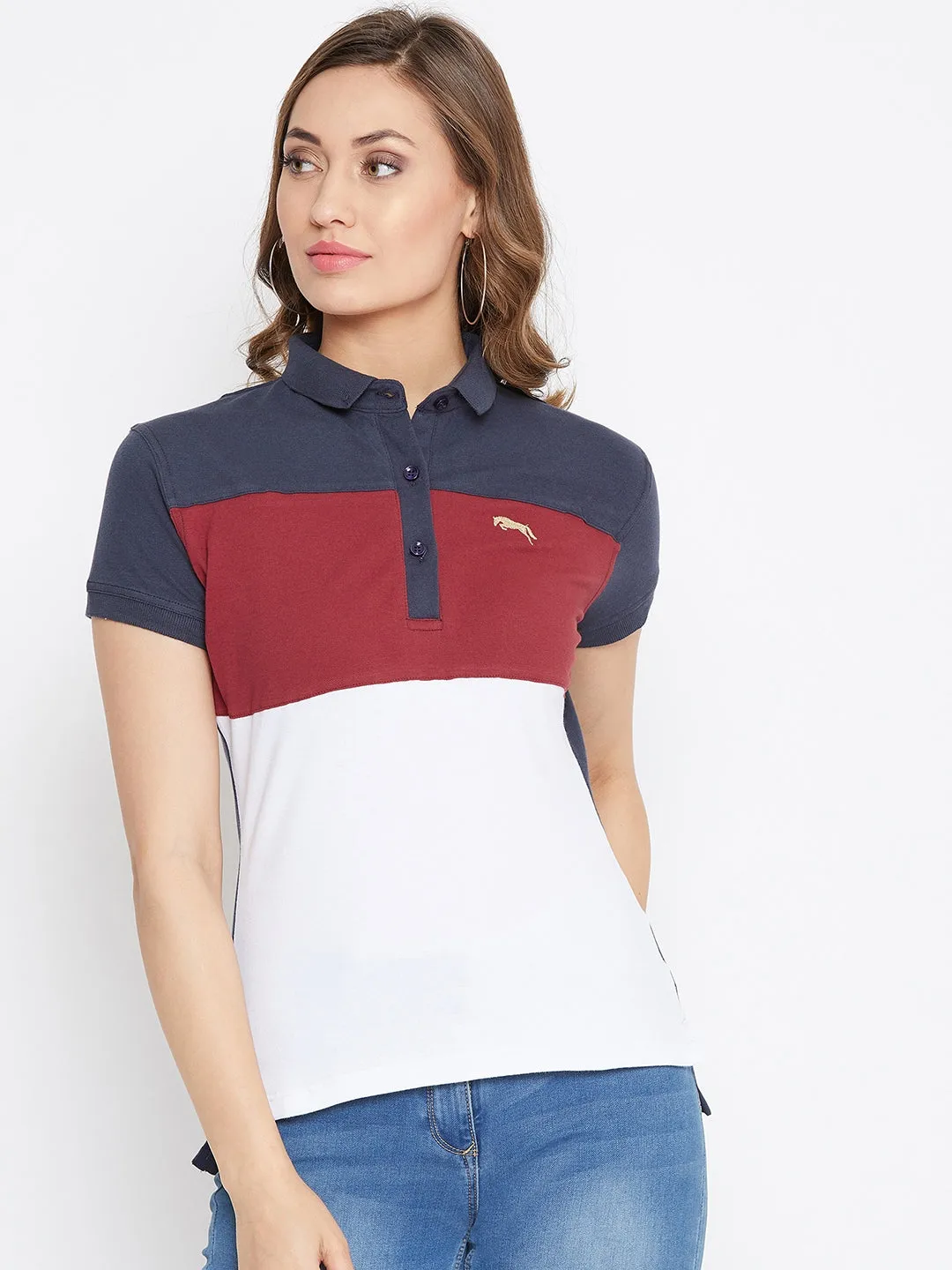 JUMP USA Women Navy Blue And Red Colour blocked PoloT-Shirts