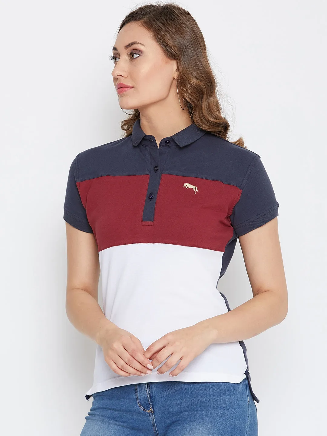 JUMP USA Women Navy Blue And Red Colour blocked PoloT-Shirts