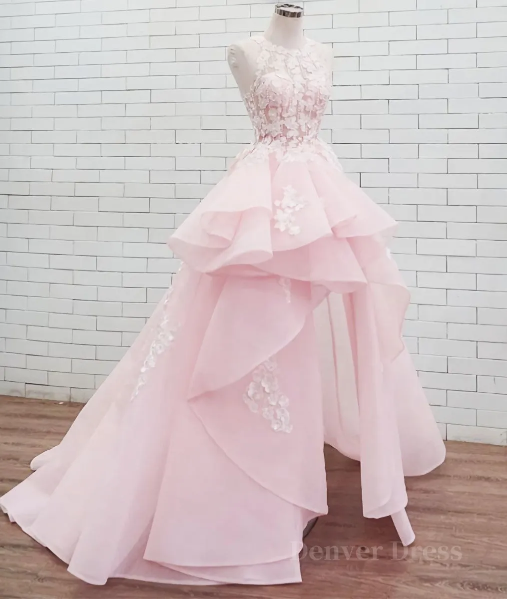 kamahe PinK lace tulle long prom dress, pink tulle evening dress