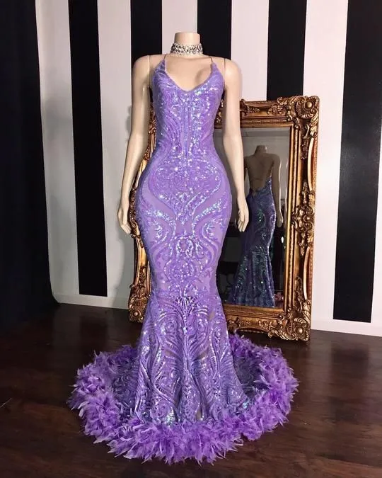 kamahe Spaghetti V-neck Sequins Floor Length Fur Train Mermaid Prom Dresses