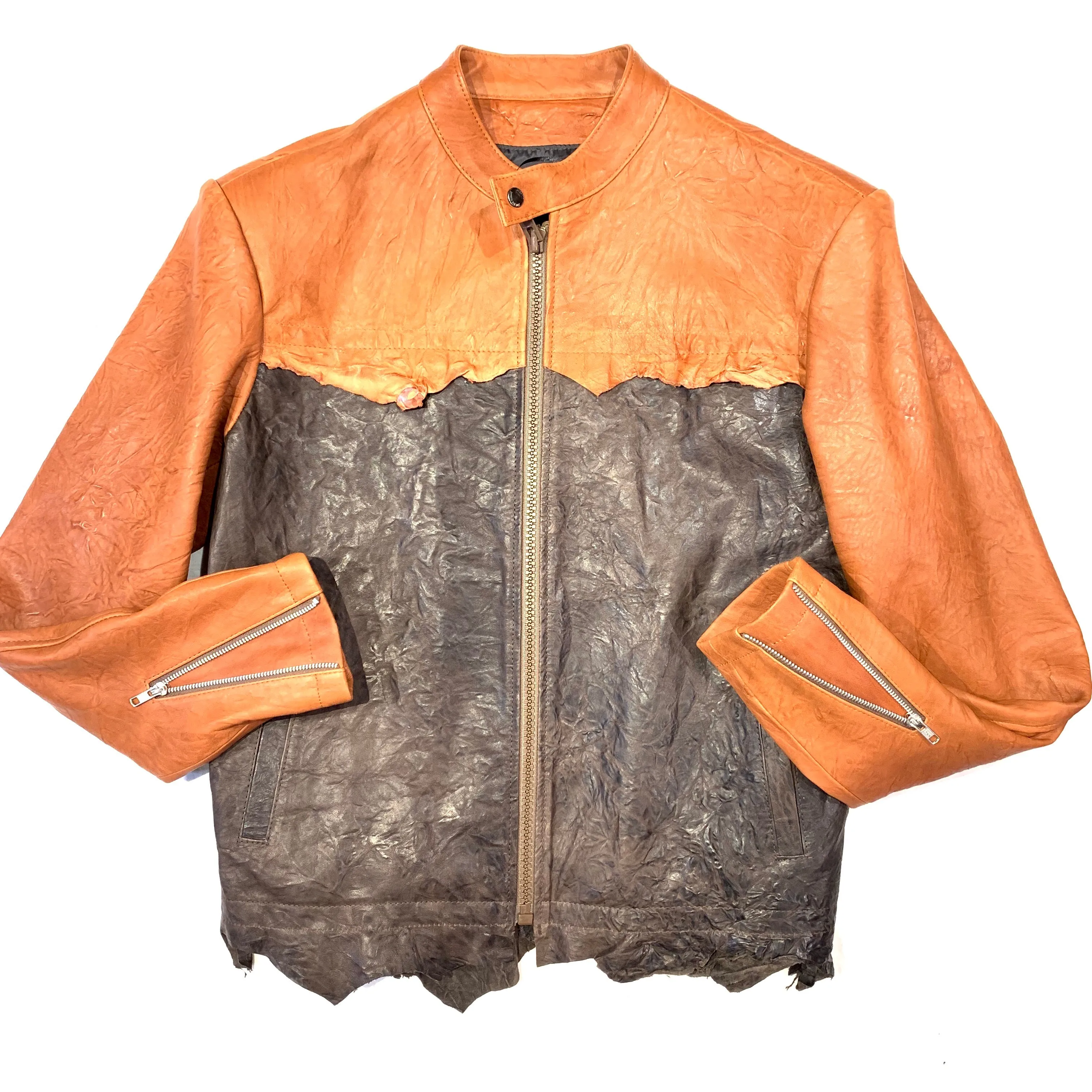 Kashani Brown Two Tone Raw Cut Lambskin Leather Jacket