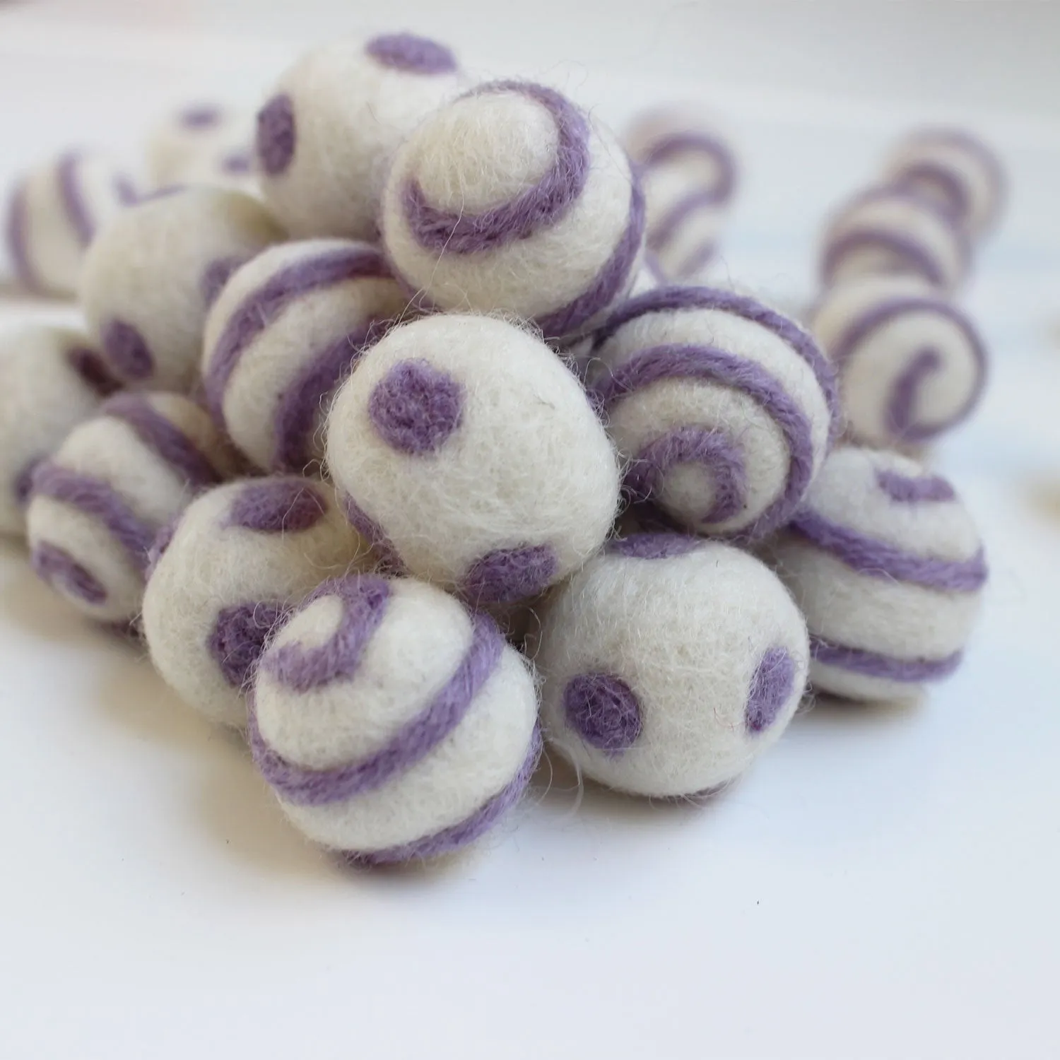 Lavender On White Polka Dot Swirl Felt Balls