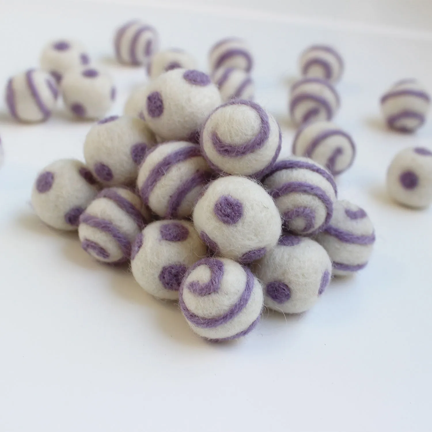 Lavender On White Polka Dot Swirl Felt Balls