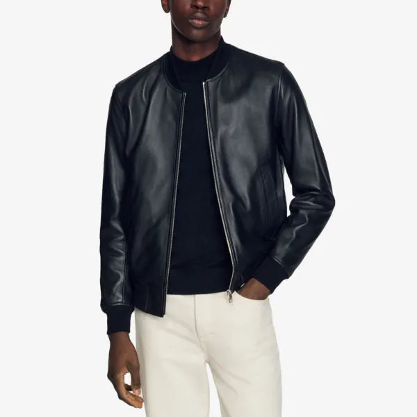 Leather bomber jacket with zip Sandro, color noir / gris