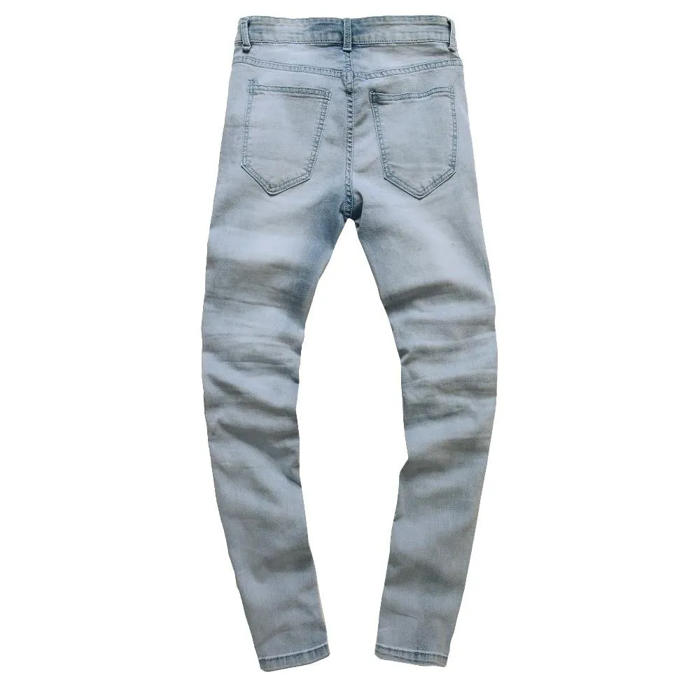 Light Blue Acid Wash Skinny Ripped Ankle Zipper Jeans