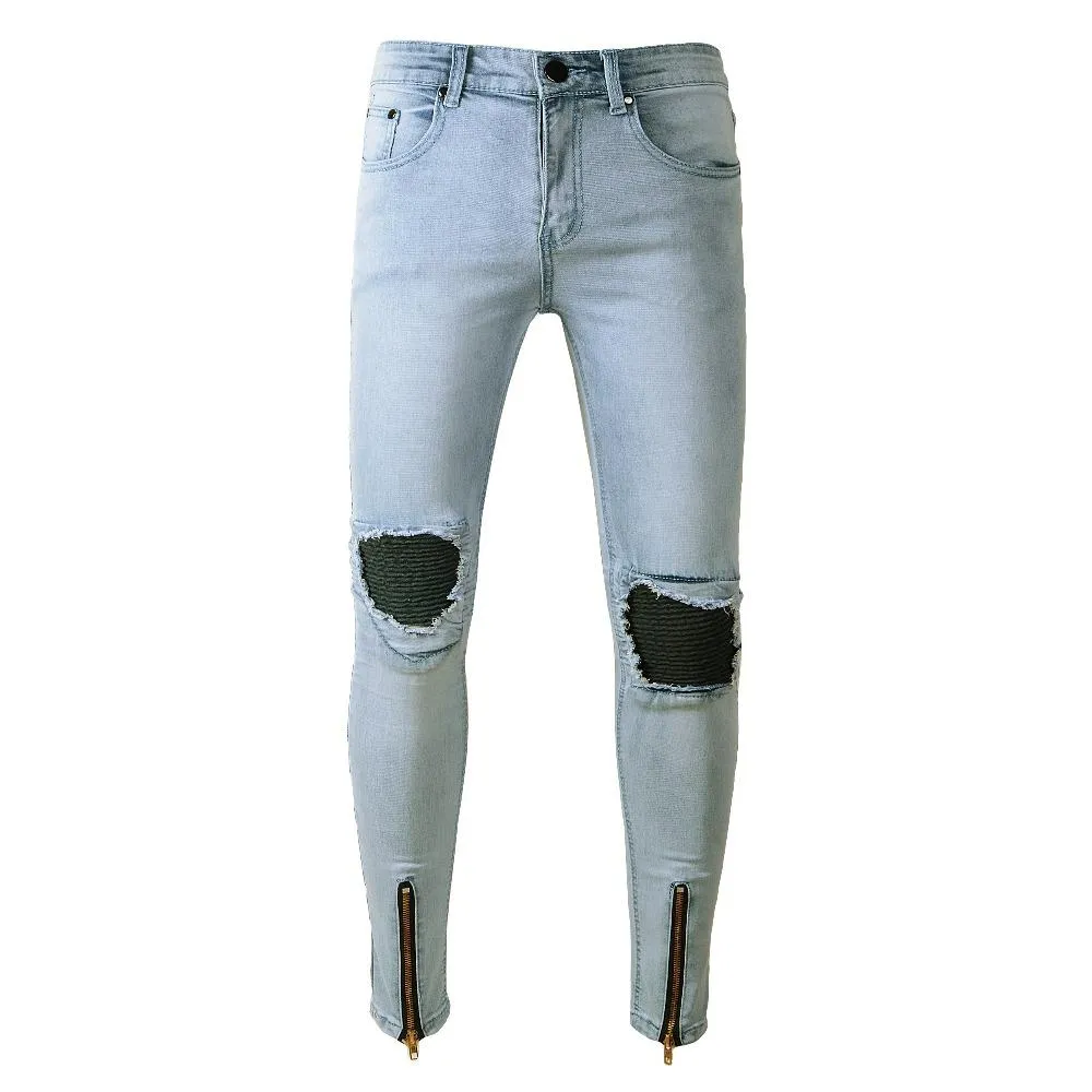 Light Blue Acid Wash Skinny Ripped Ankle Zipper Jeans