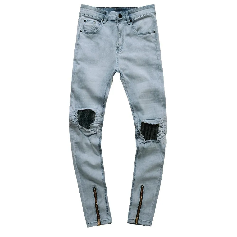 Light Blue Acid Wash Skinny Ripped Ankle Zipper Jeans