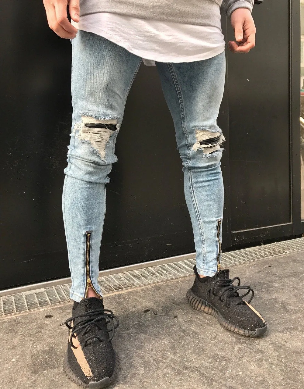 Light Blue Acid Wash Skinny Ripped Ankle Zipper Jeans