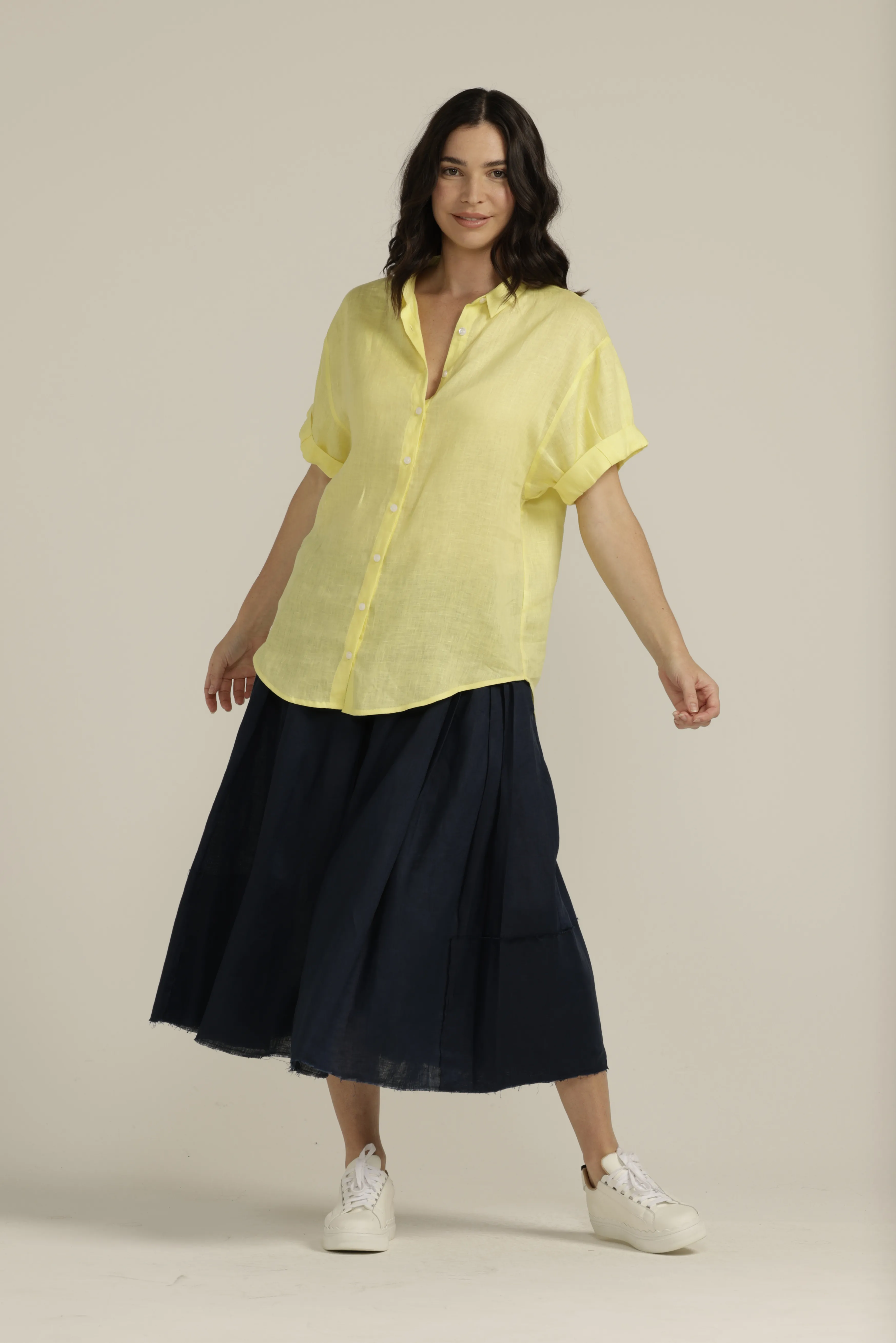 Linen Cuffed Short Sleeve Shirt Lemon