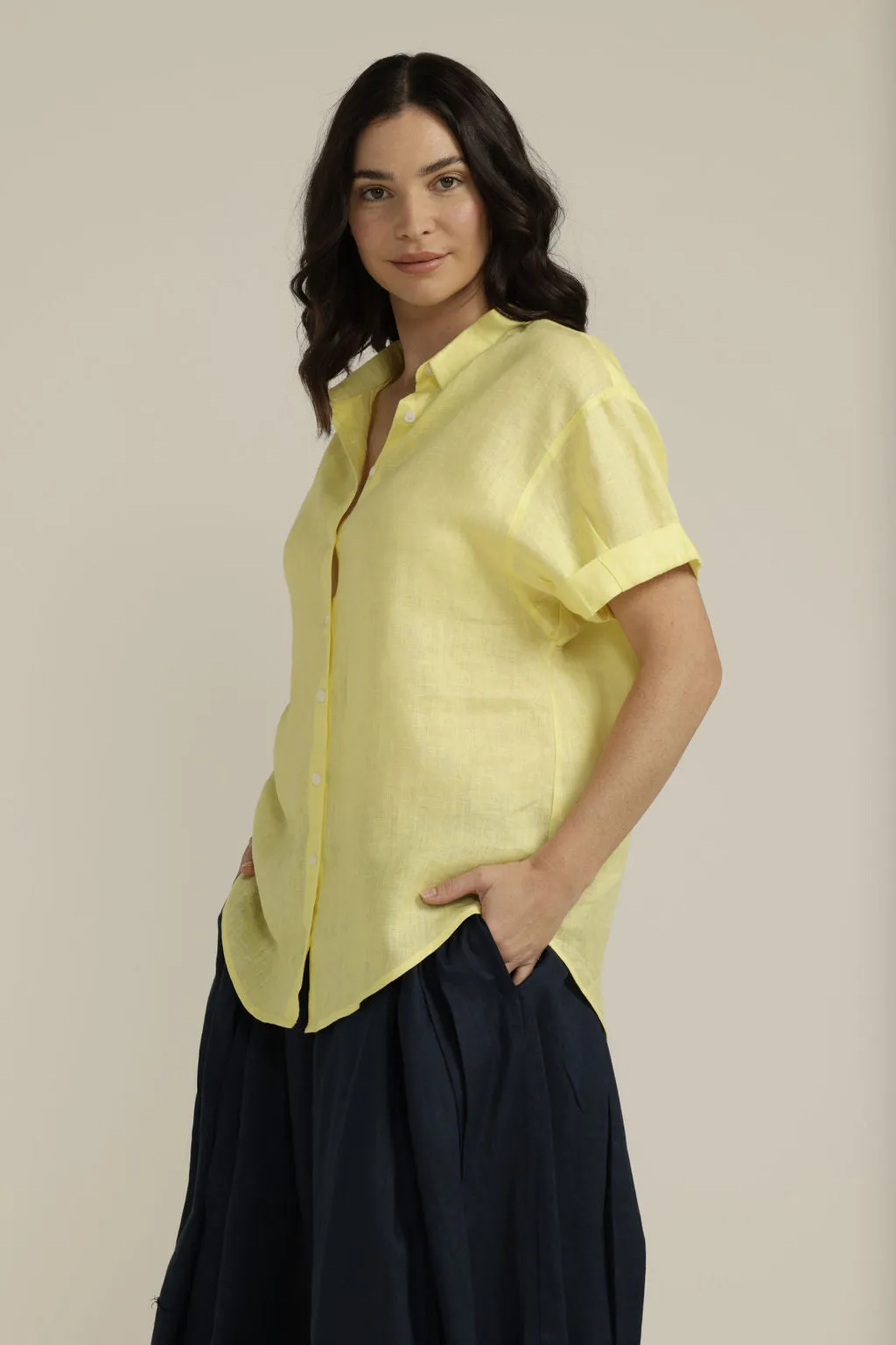 Linen Cuffed Short Sleeve Shirt Lemon