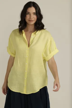 Linen Cuffed Short Sleeve Shirt Lemon