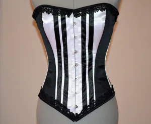 Long black and white satin corset with black lace trim. Gothic, historical, steampunk, prom, gift corset, couture, steel-boned, Victorian