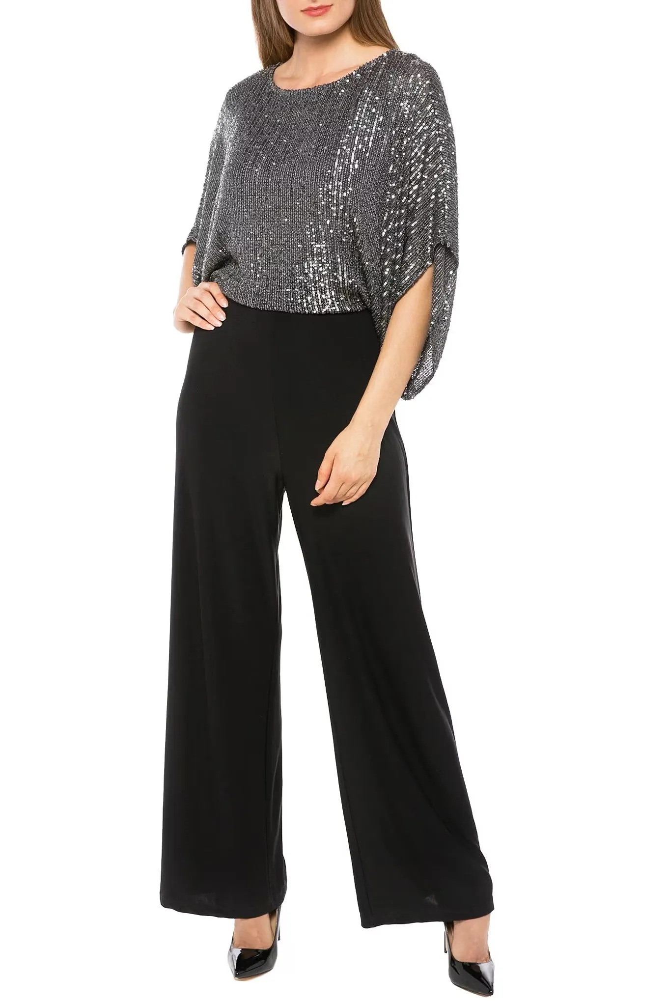 Marina boat neck dolman sleeve split back sequined bodice stretch crepe jumpsuit