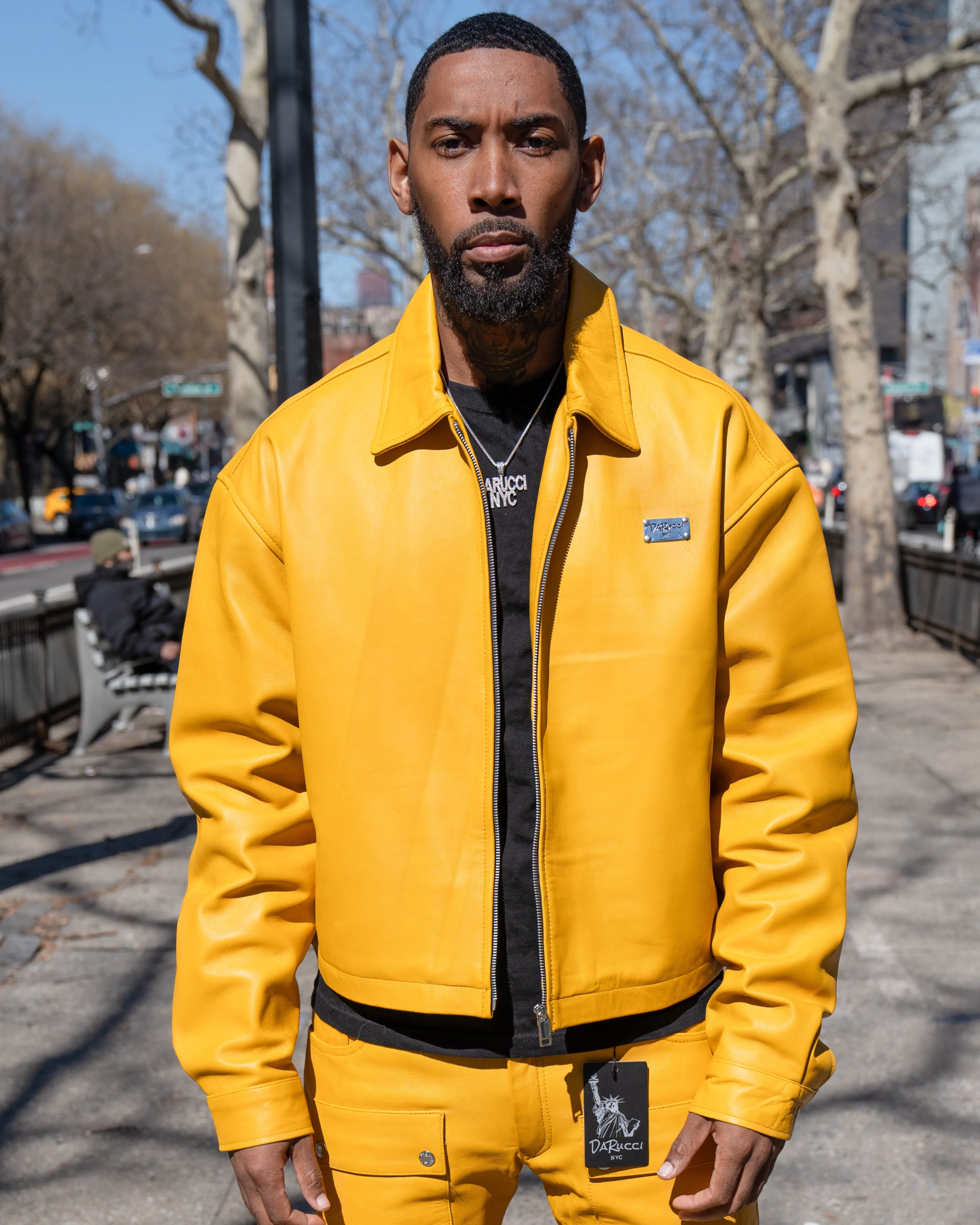 MEN- YELLOW LEATHER CROP BOMBER