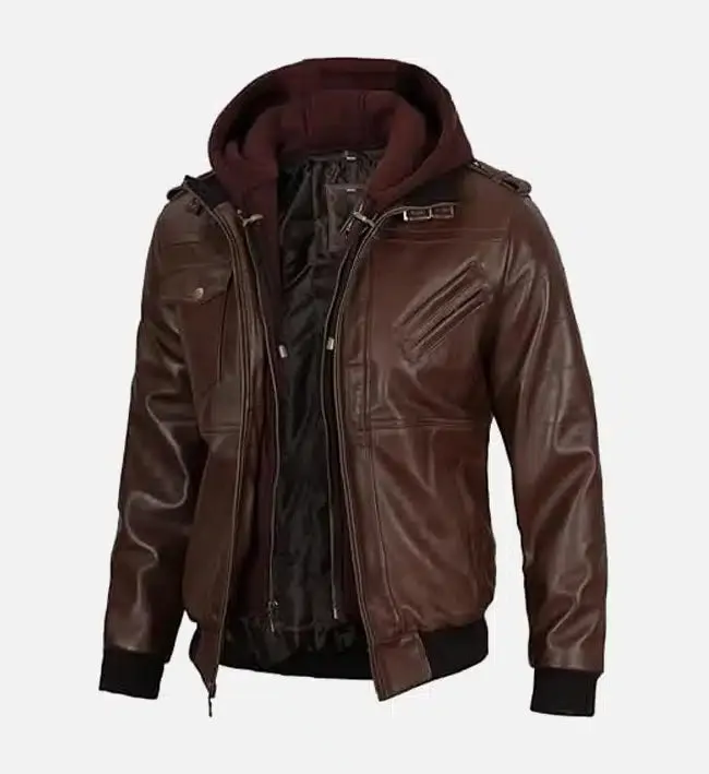 Men's Dark Brown Leather Bomber Jacket With Hood