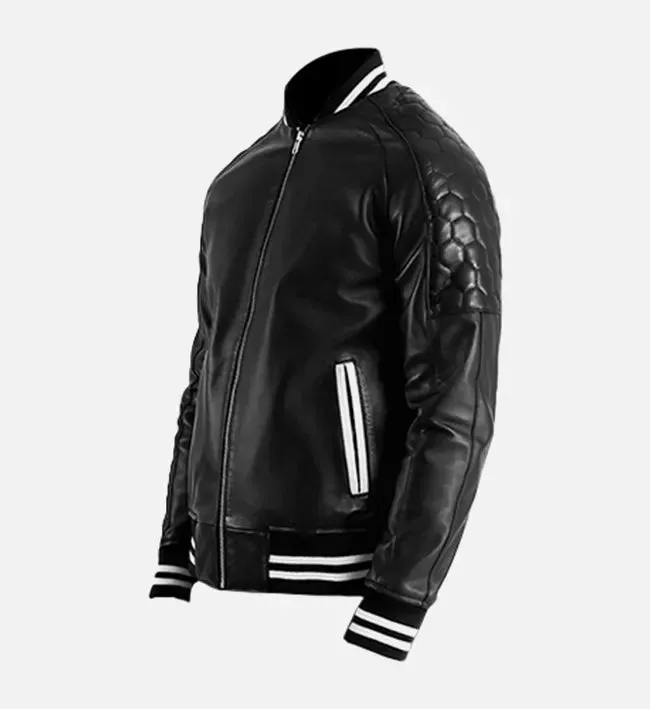 Men's Plain Black Leather Varsity Jacket