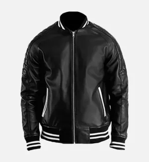 Men's Plain Black Leather Varsity Jacket