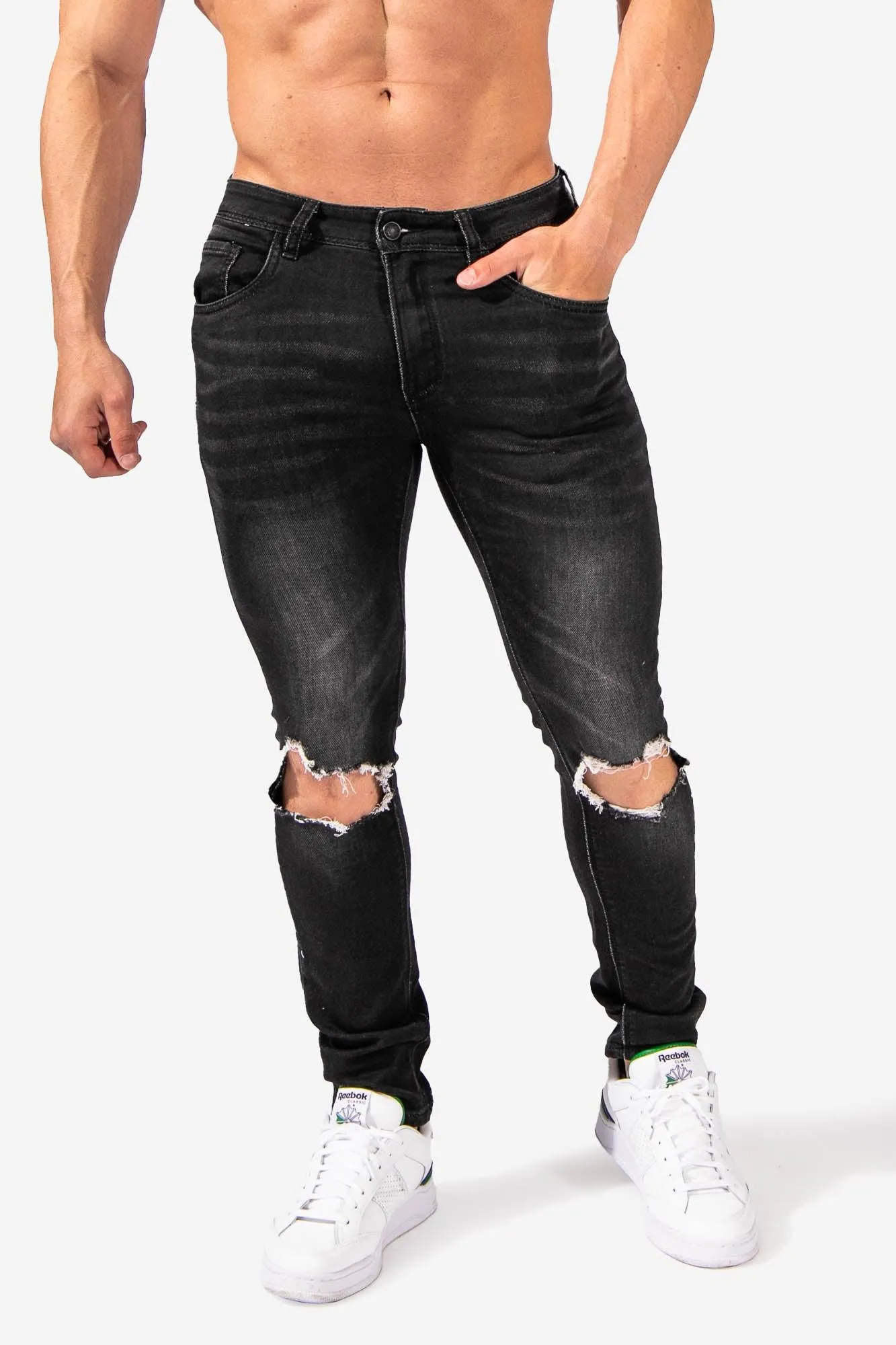 Men's Premium Fitted Stretchy Jeans - Knee Ripped Black