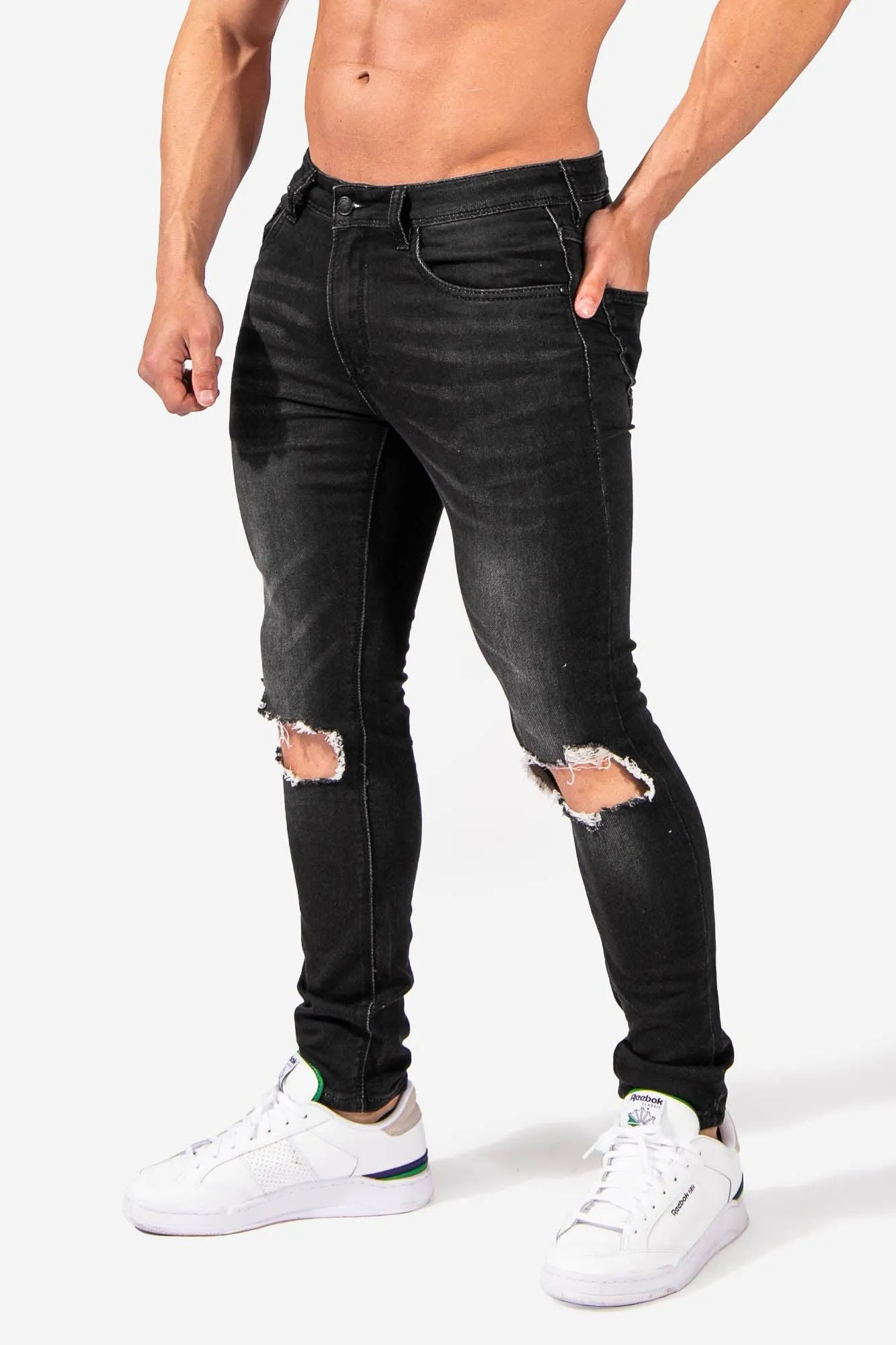 Men's Premium Fitted Stretchy Jeans - Knee Ripped Black