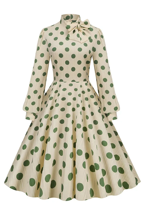 Mock Neck Puff Sleeve Polka Dot Midi Dress