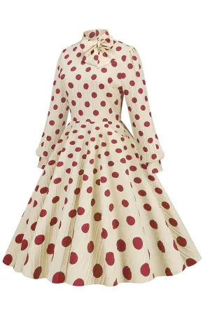 Mock Neck Puff Sleeve Polka Dot Midi Dress