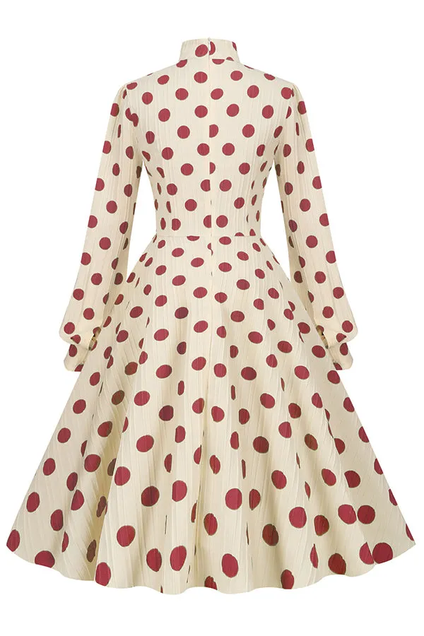 Mock Neck Puff Sleeve Polka Dot Midi Dress