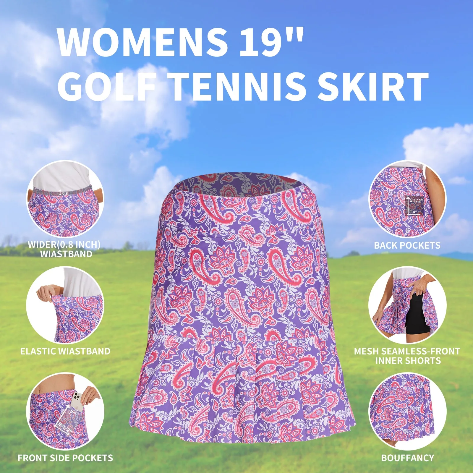 MOTEEPI 19" Golf Skirts for Women Knee Length Ruffle Hem Skirt Tennis Skirt Athletic Skort for Workout Running