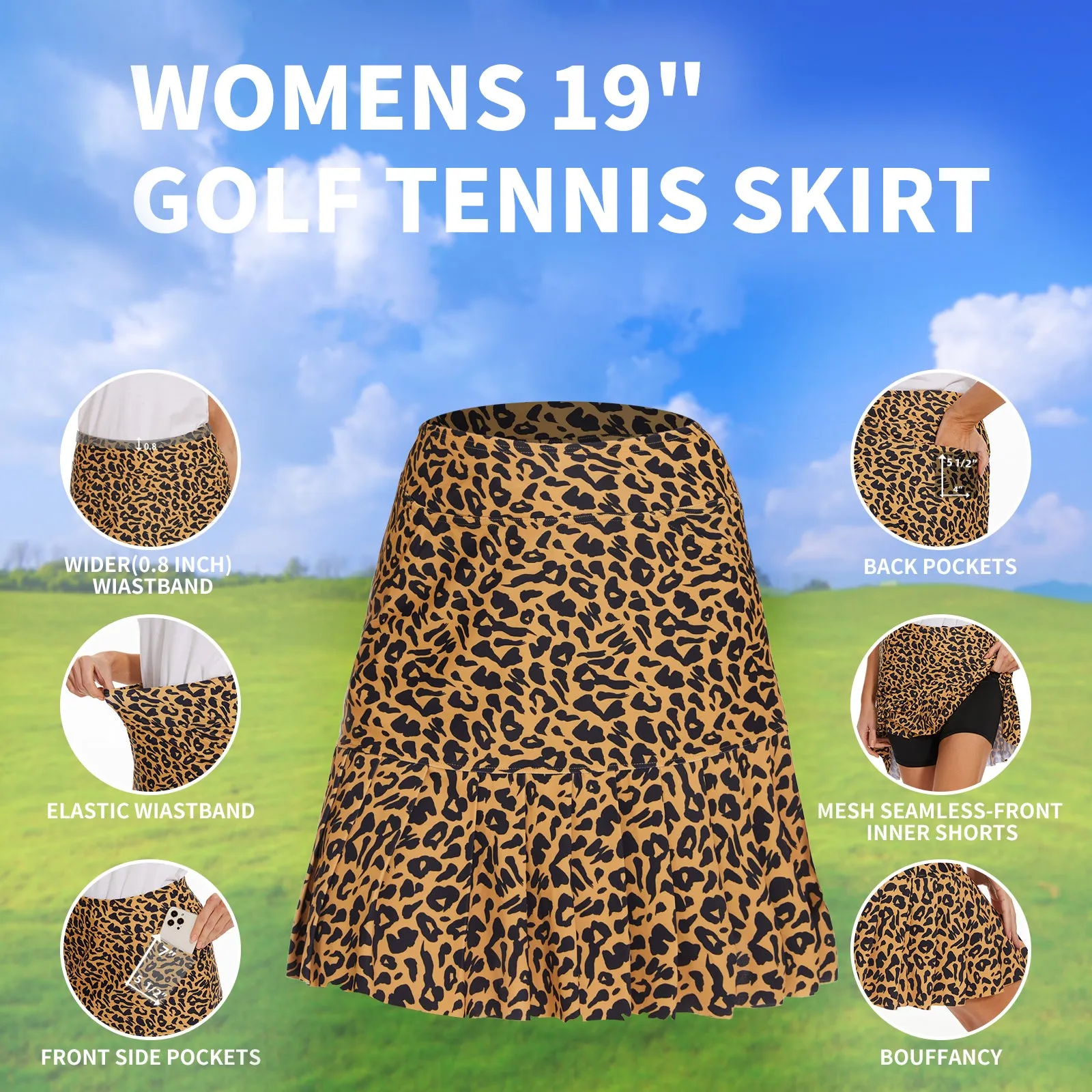 MOTEEPI 19" Golf Skirts for Women Knee Length Ruffle Hem Skirt Tennis Skirt Athletic Skort for Workout Running