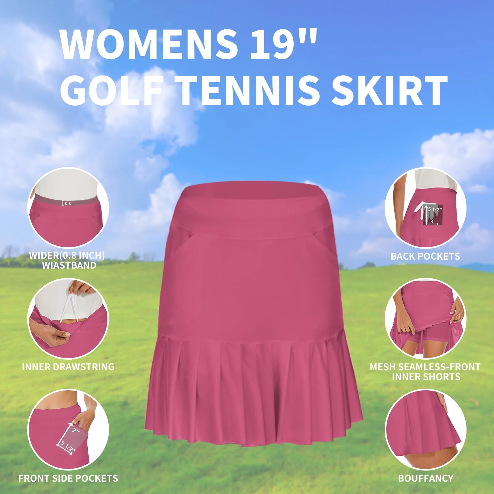 MOTEEPI 19" Golf Skirts for Women Knee Length Ruffle Hem Skirt Tennis Skirt Athletic Skort for Workout Running