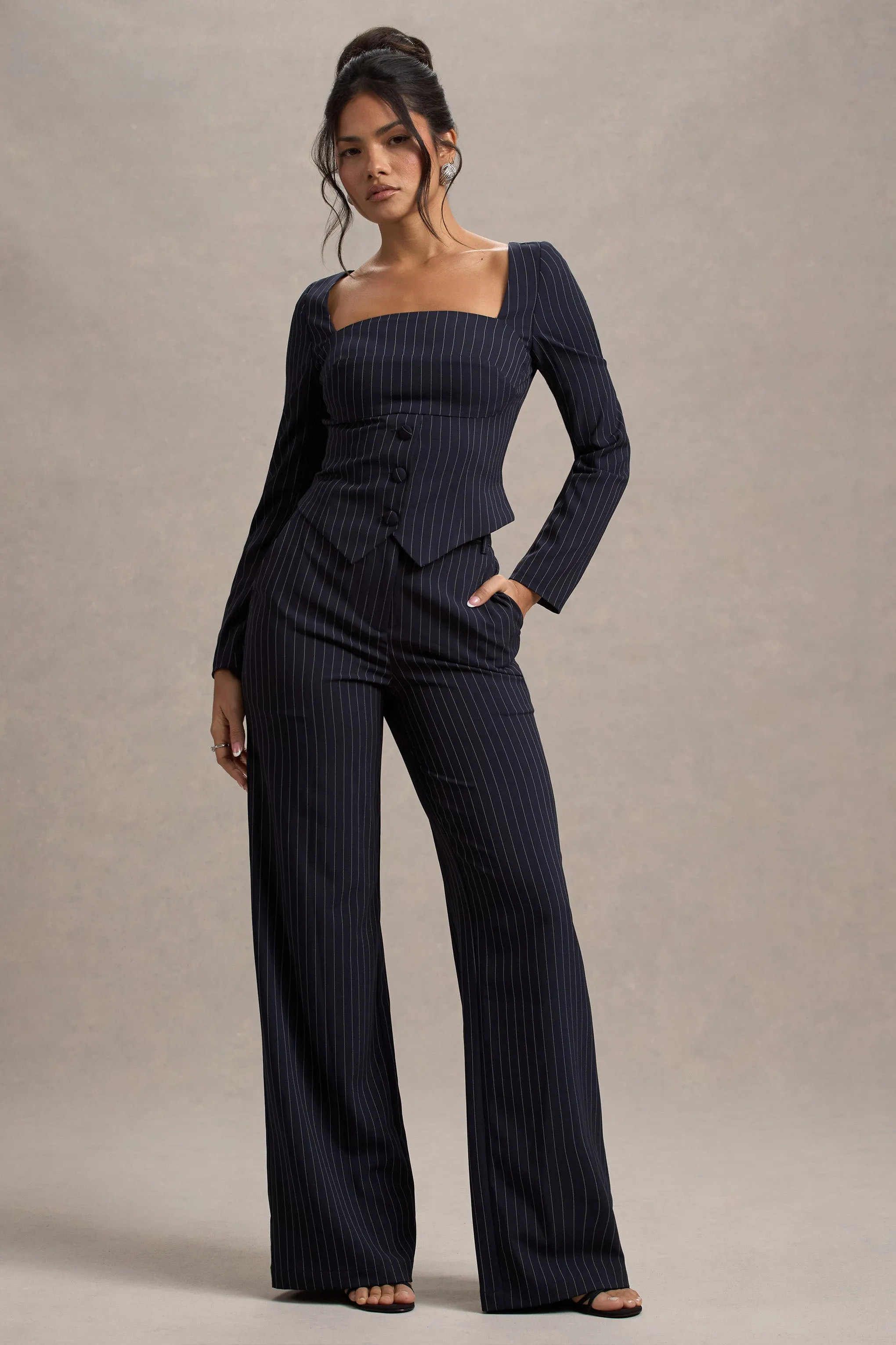 New York | Navy Pinstripe Tailored Wide-Leg Trousers