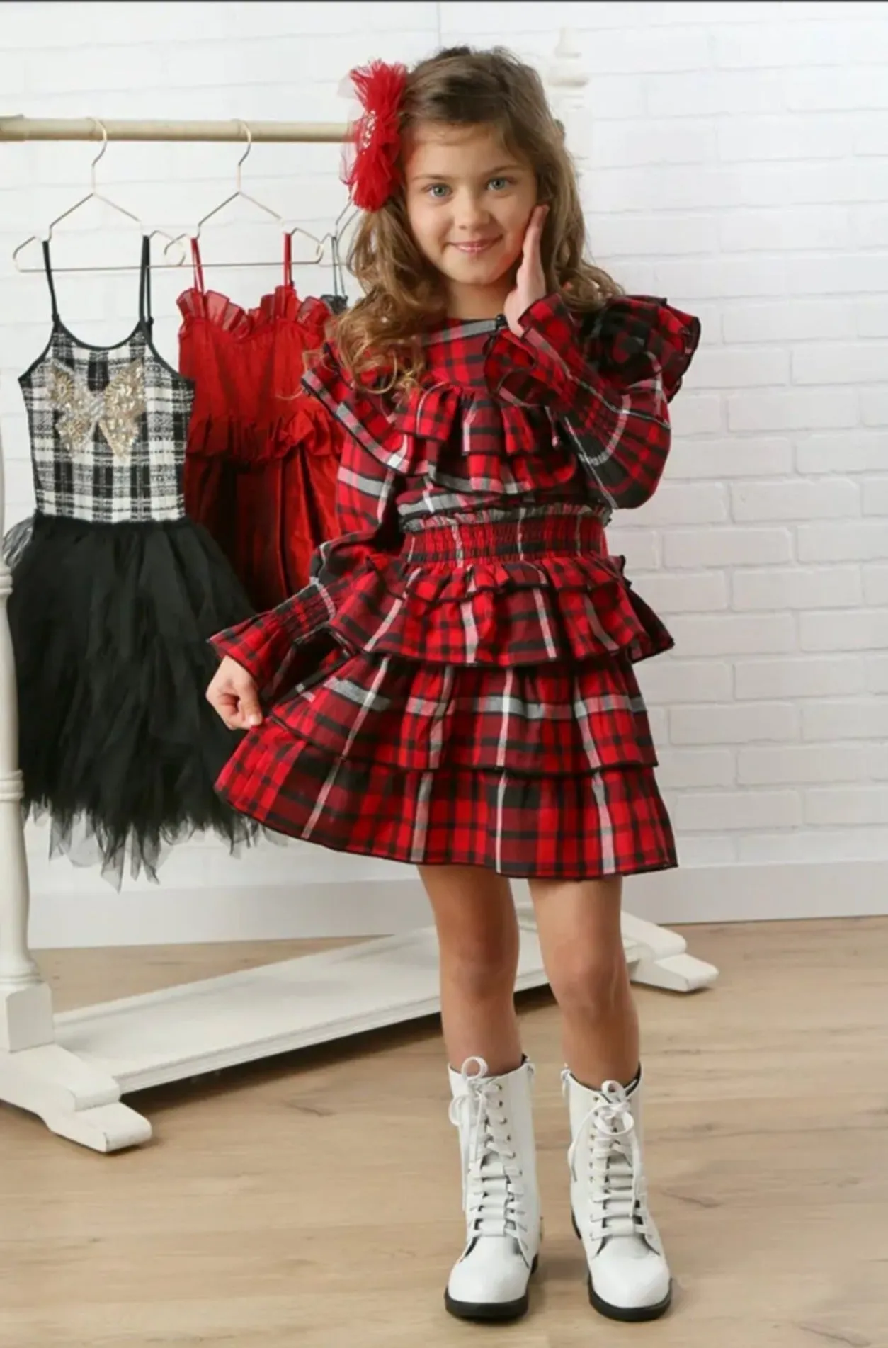 Ooh! La, La! Couture Baby to Youth Girls QUINN Ruby Plaid Ruffle Dress