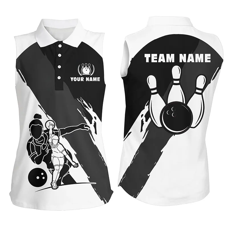 Personalized 3D Bowling Shirts For Women, Custom Black White Sleeveless Polo Bowling Shirt For Girls